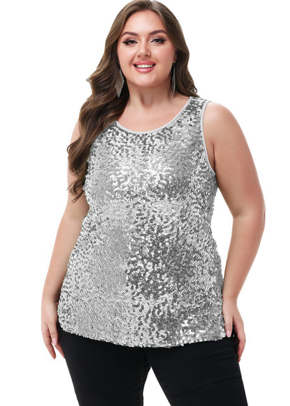 Anna-Kaci Womens Plus Size Sleeveless Sequin Tops Sparkle Shine Tank Top