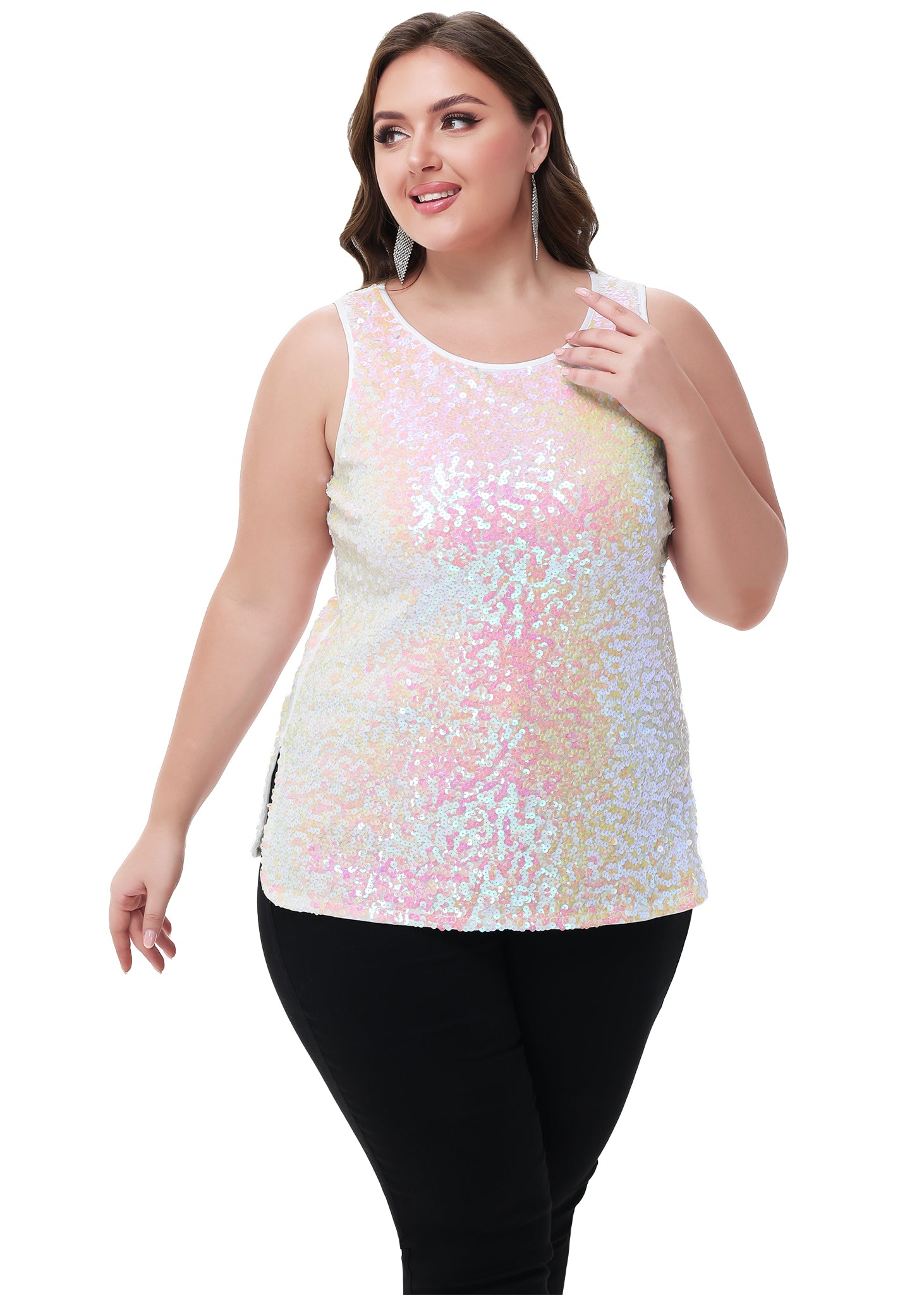 Anna-Kaci - Camiseta sin mangas con lentejuelas y brillo para mujer, talla grande
