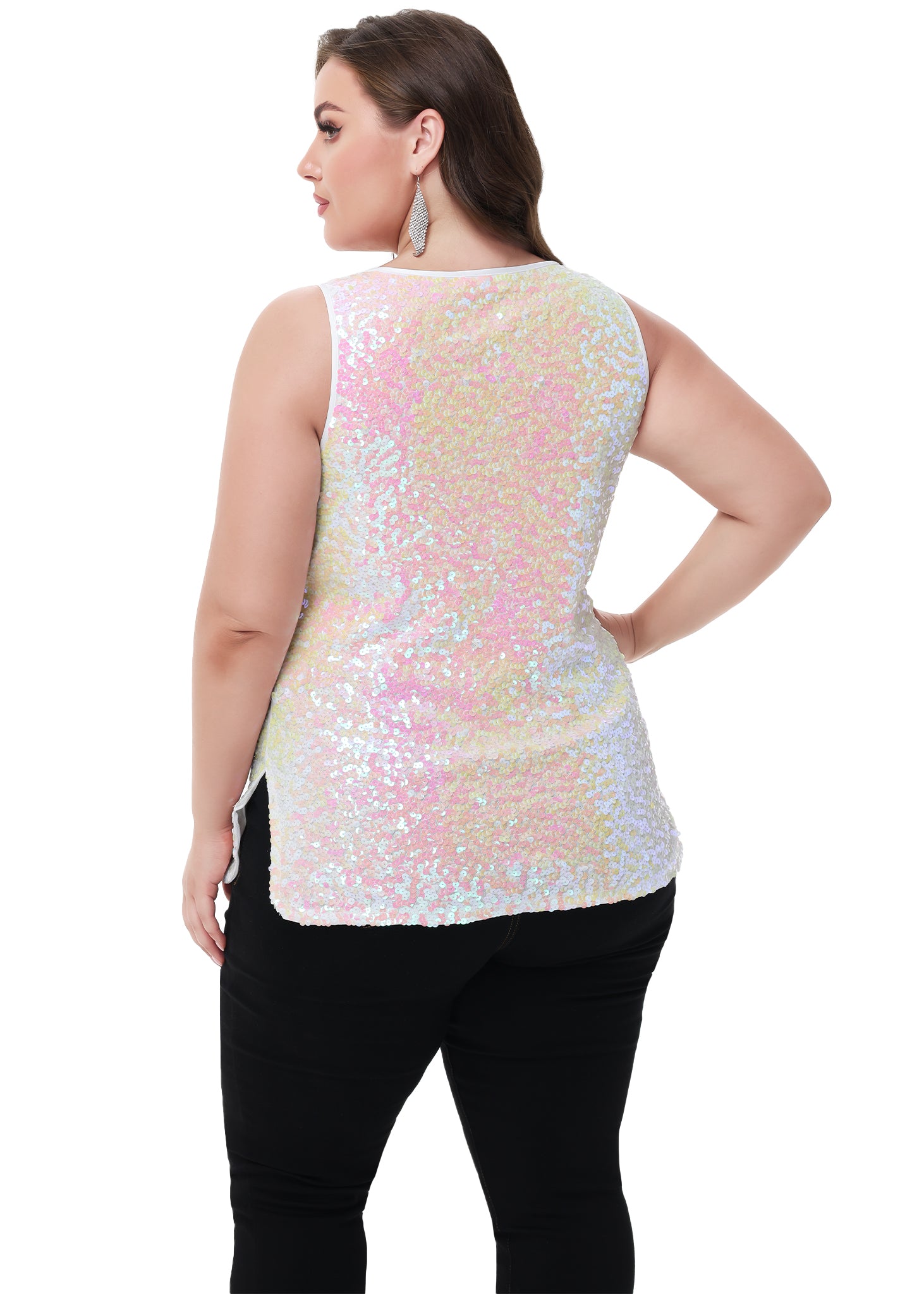 Anna-Kaci - Camiseta sin mangas con lentejuelas y brillo para mujer, talla grande
