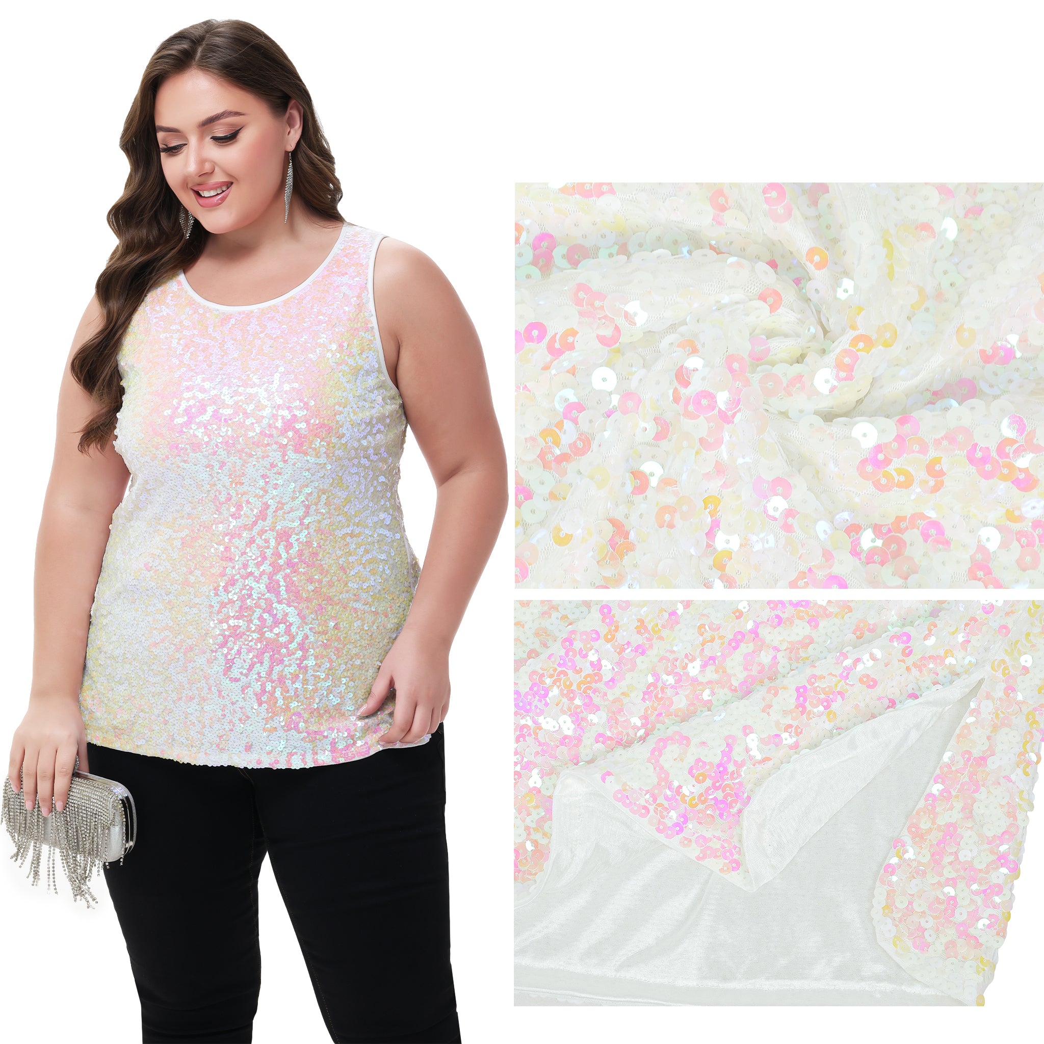 Anna-Kaci - Camiseta sin mangas con lentejuelas y brillo para mujer, talla grande