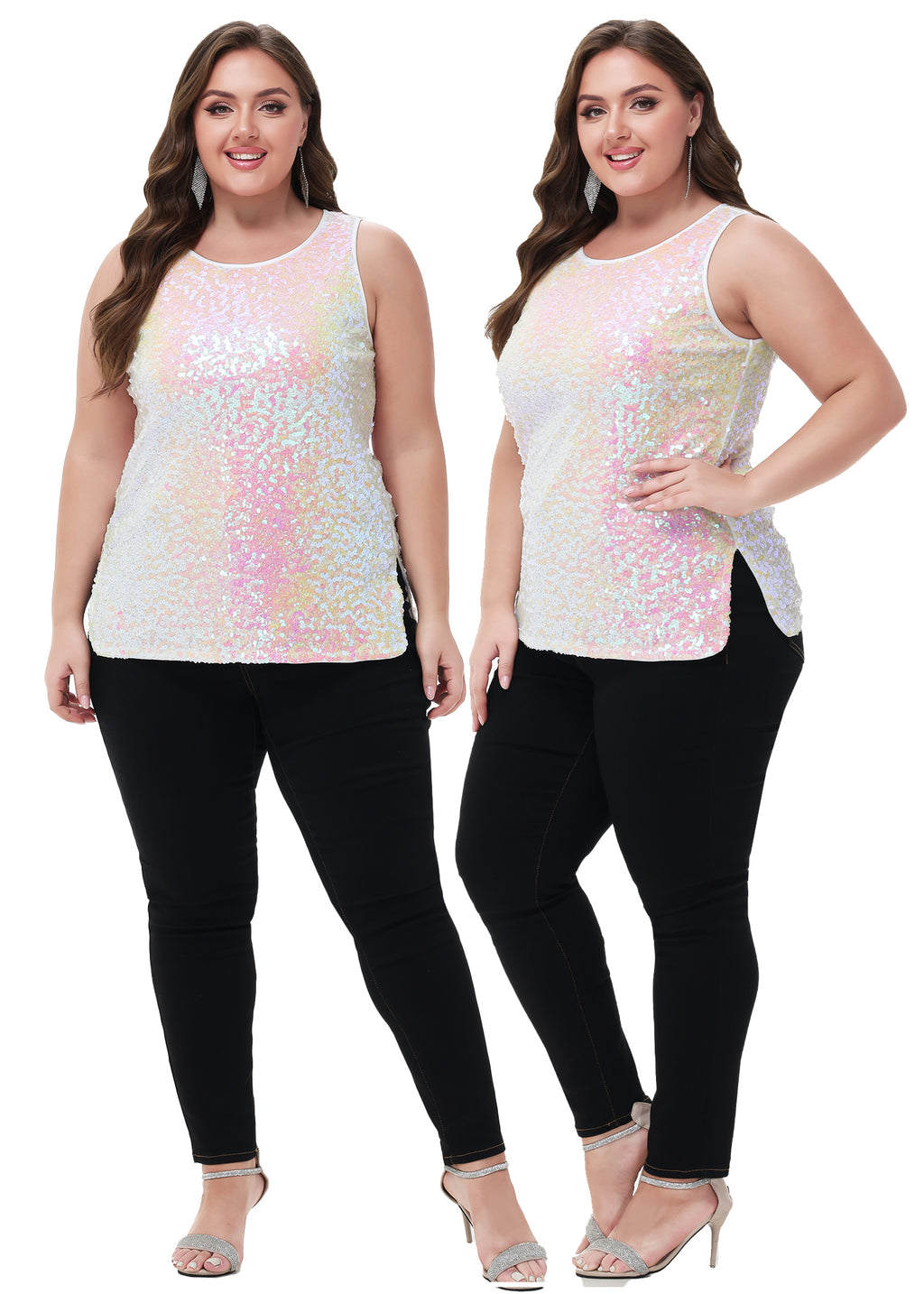 Anna-Kaci - Camiseta sin mangas con lentejuelas y brillo para mujer, talla grande