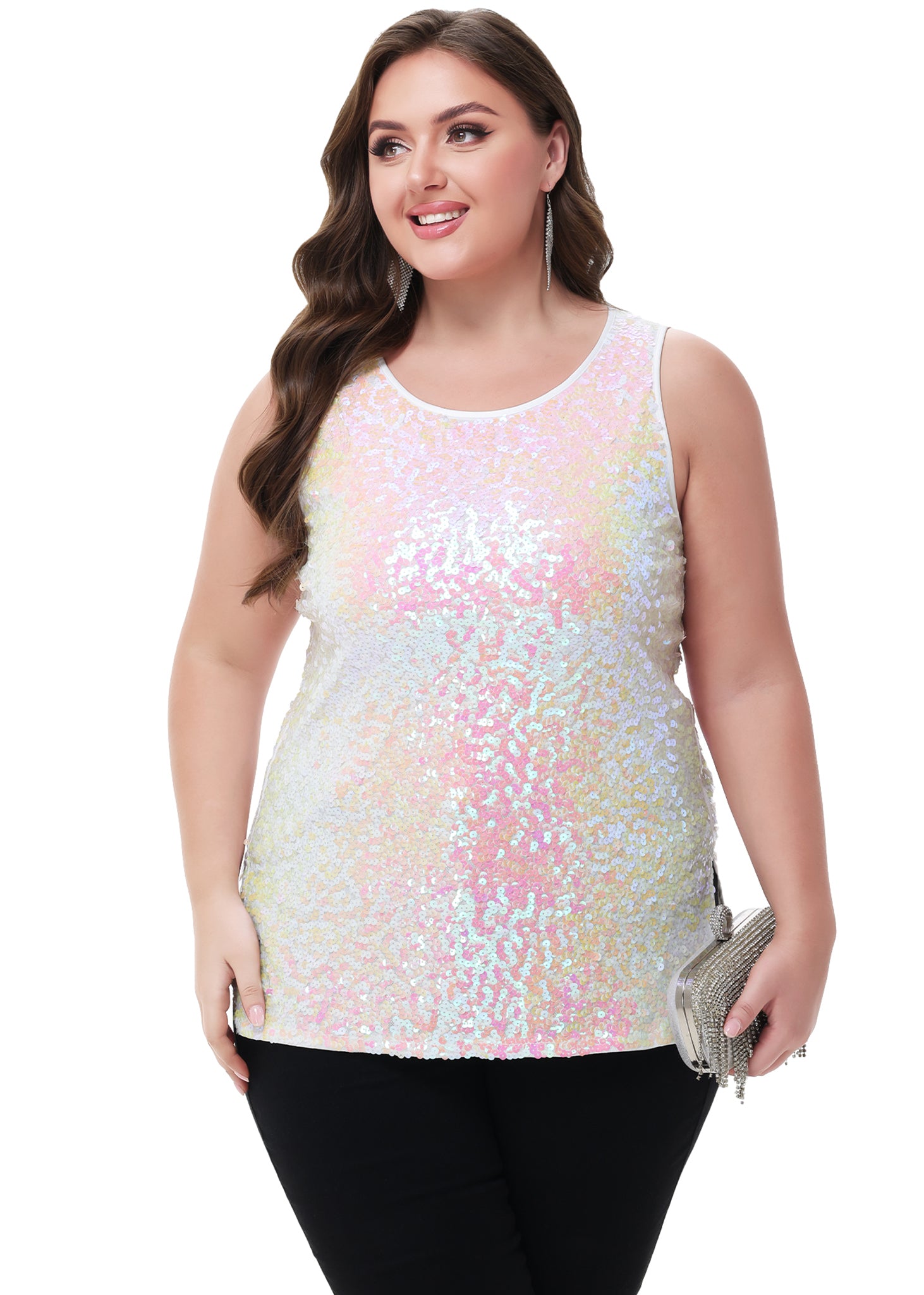 Anna-Kaci - Camiseta sin mangas con lentejuelas y brillo para mujer, talla grande