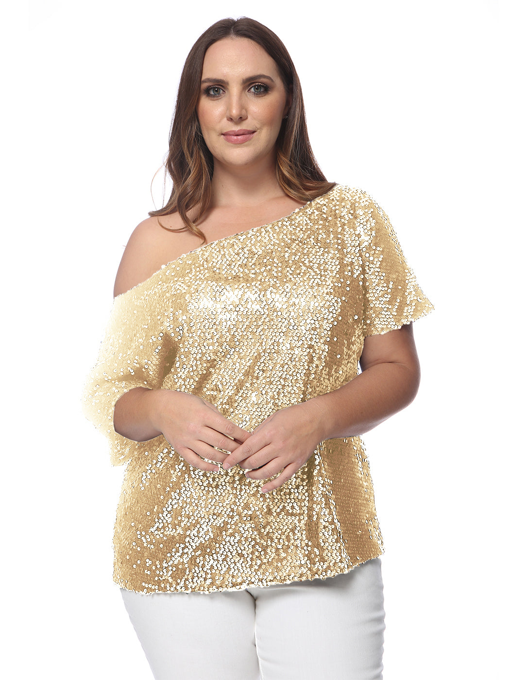 Blusa de lentejuelas con un solo hombro en talla grande