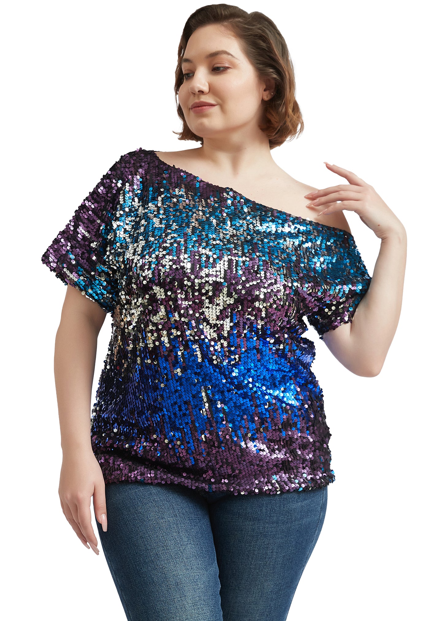 Blusa de lentejuelas con un solo hombro en talla grande