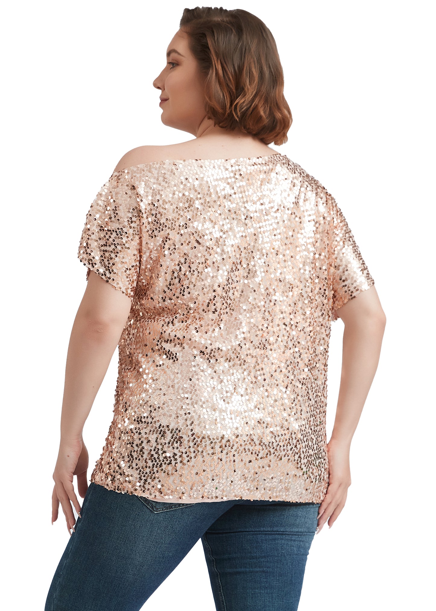 Blusa de lentejuelas con un solo hombro en talla grande