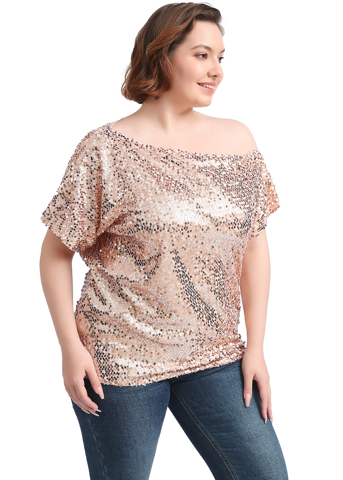 Blusa de lentejuelas con un solo hombro en talla grande