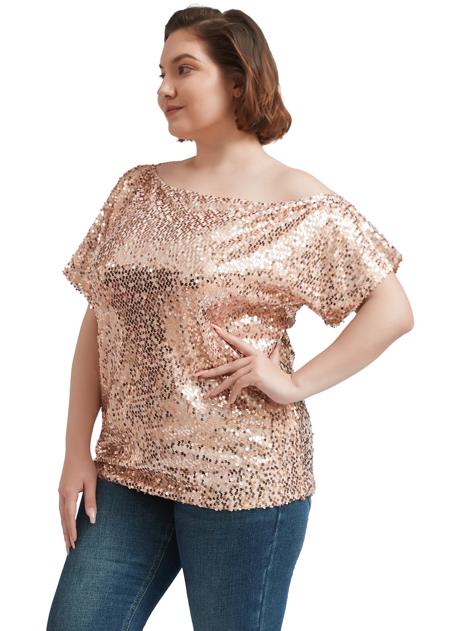 Blusa de lentejuelas con un solo hombro en talla grande