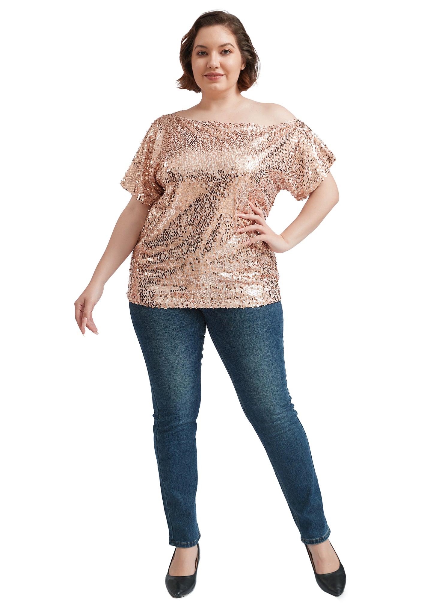 Blusa de lentejuelas con un solo hombro en talla grande
