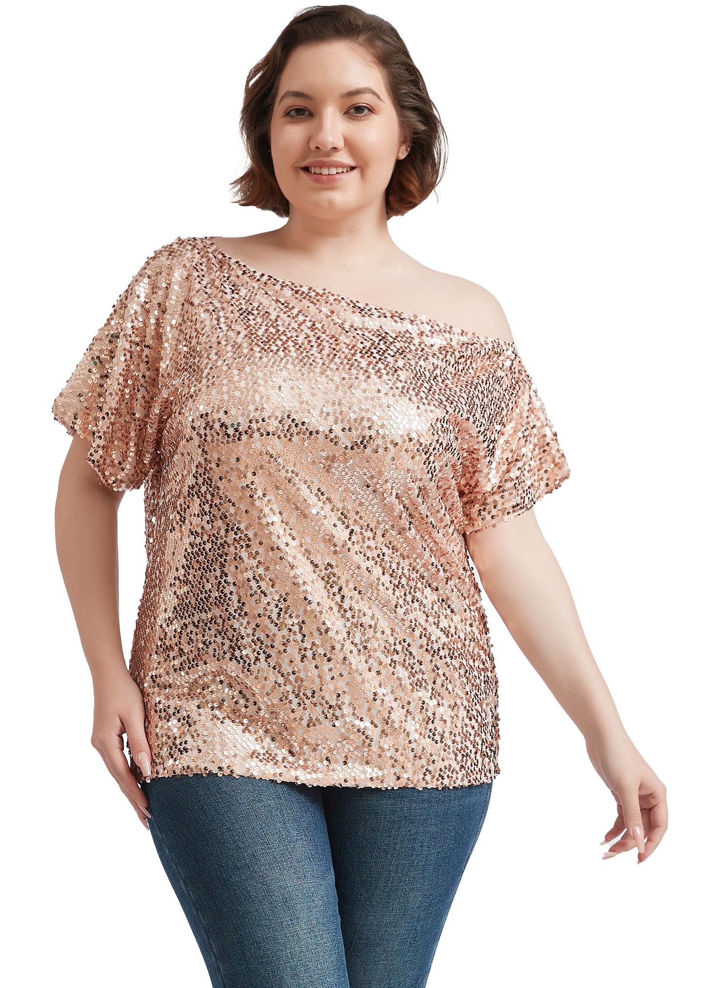 Blusa de lentejuelas con un solo hombro en talla grande