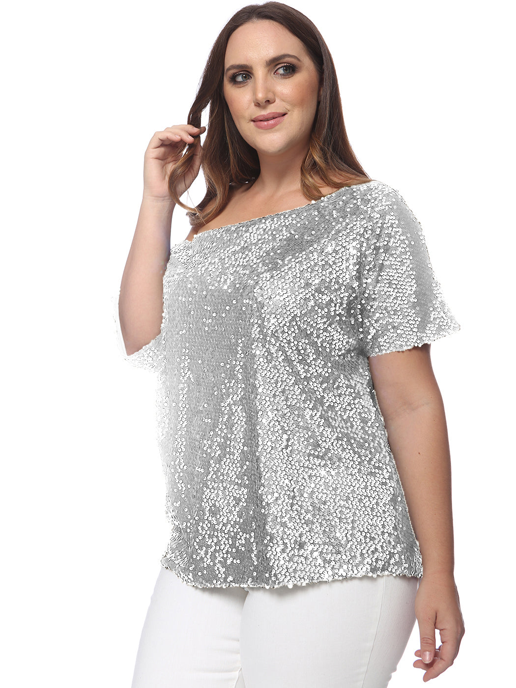 Blusa de lentejuelas con un solo hombro en talla grande