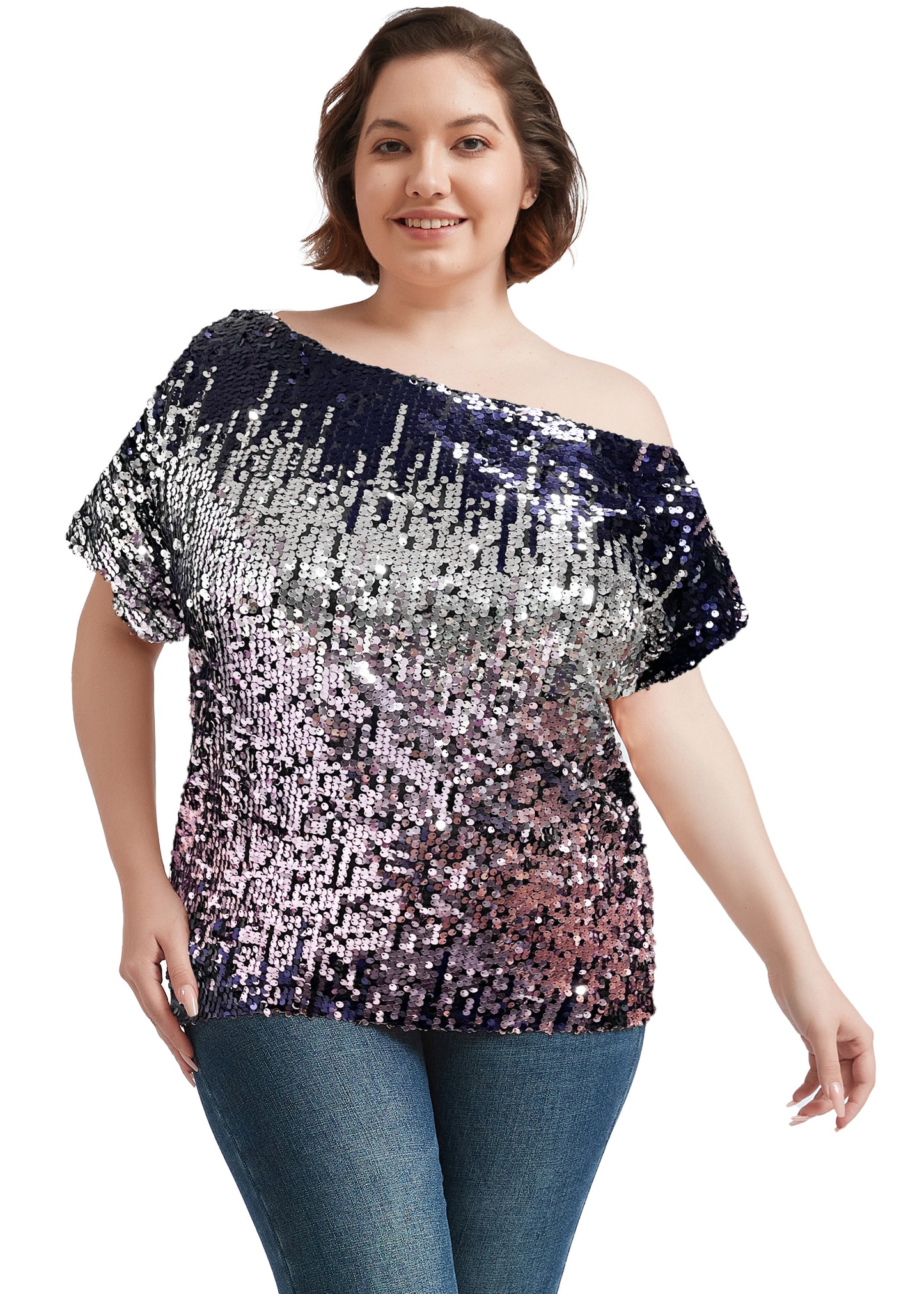Blusa de lentejuelas con un solo hombro en talla grande