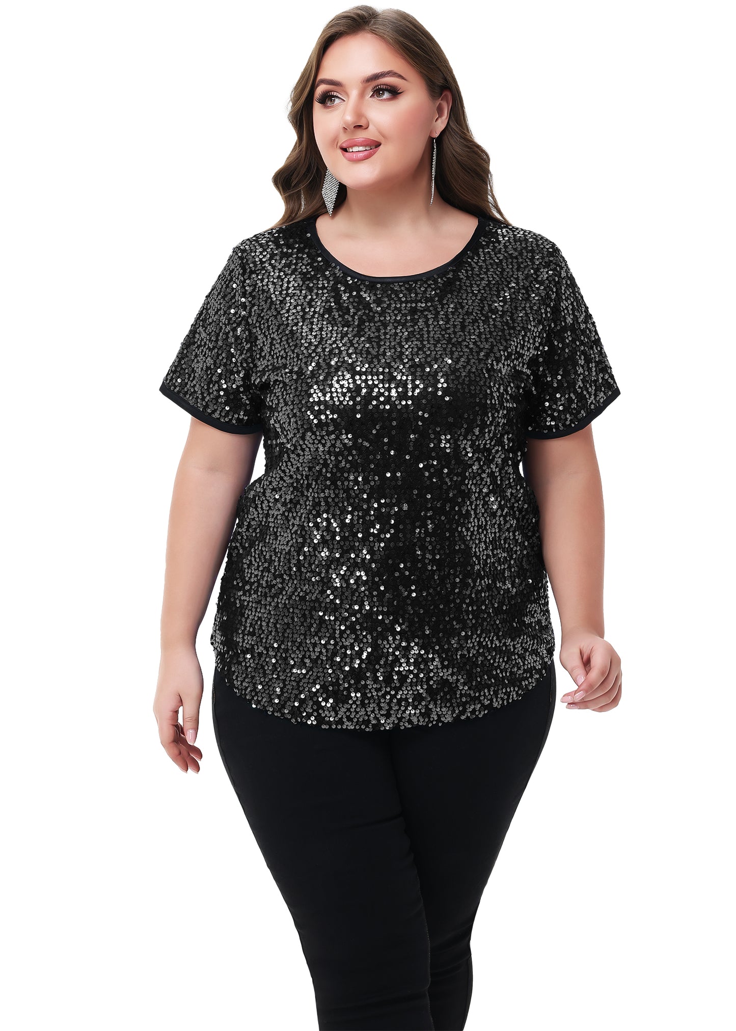 Anna-Kaci Womens Sequin Tops Plus Size Round Neck Sparkle Glitter Short Sleeve Party Tunic Blouse