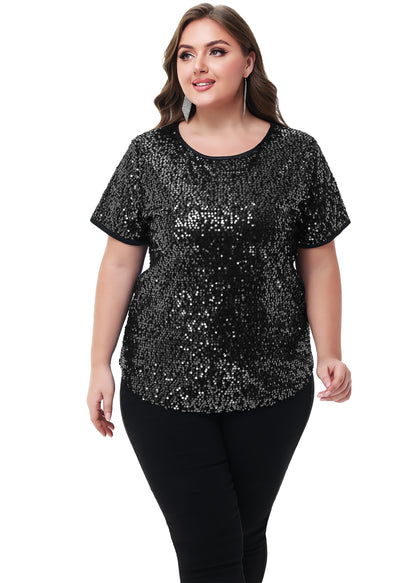 Anna-Kaci Womens Sequin Tops Plus Size Round Neck Sparkle Glitter Short Sleeve Party Tunic Blouse