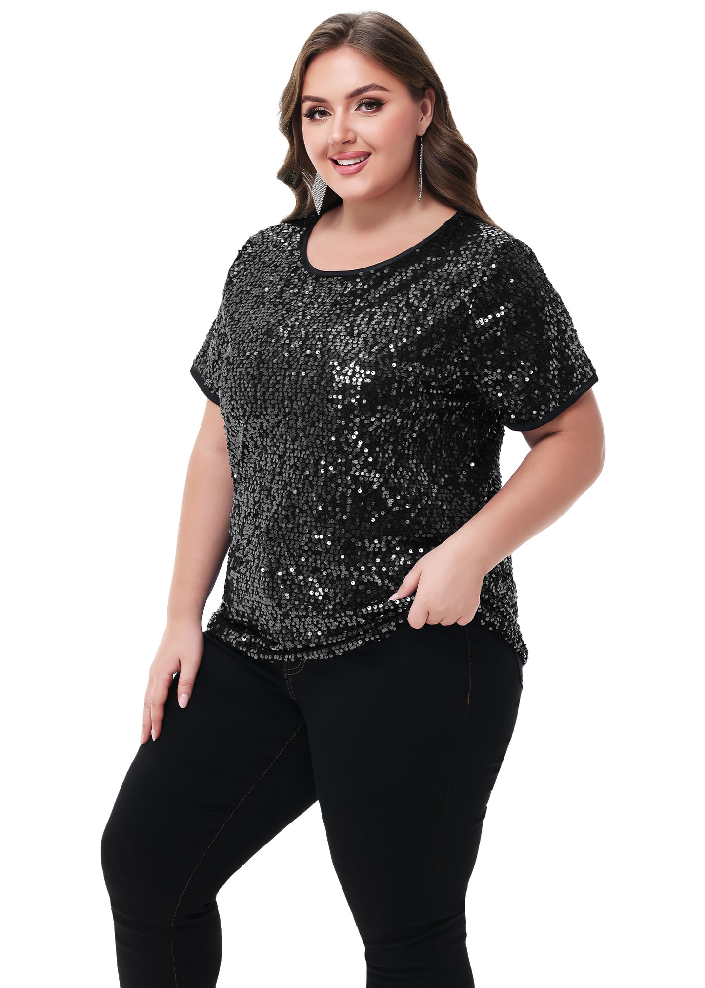 Anna-Kaci Womens Sequin Tops Plus Size Round Neck Sparkle Glitter Short Sleeve Party Tunic Blouse