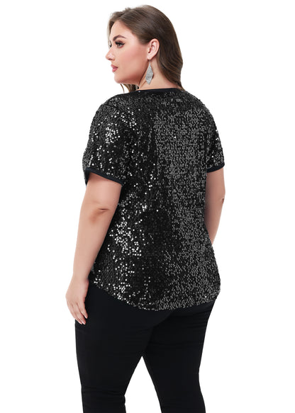 Anna-Kaci Womens Sequin Tops Plus Size Round Neck Sparkle Glitter Short Sleeve Party Tunic Blouse