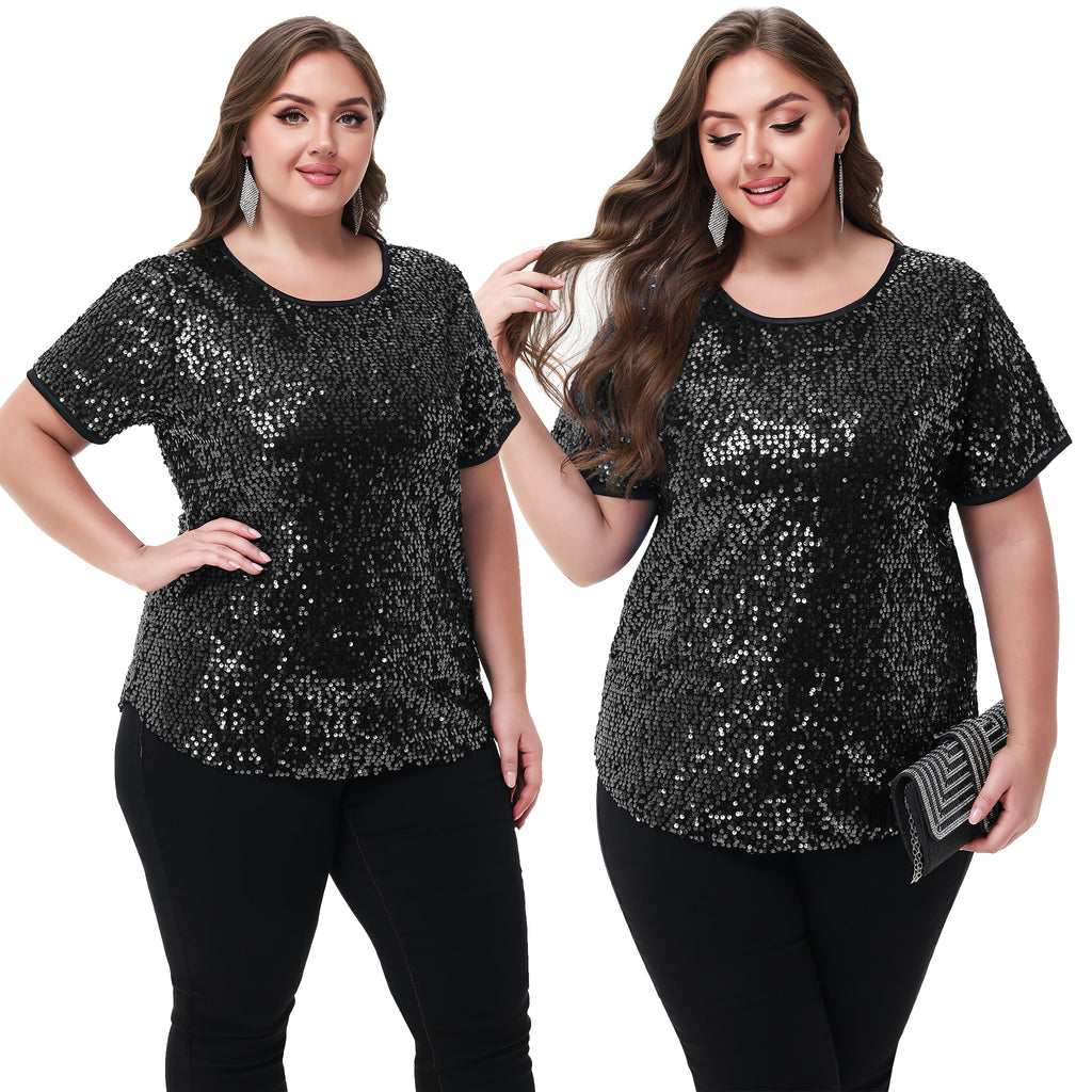 Blusa tipo túnica de fiesta de manga corta con cuello redondo y brillos brillantes para mujer de Anna-Kaci