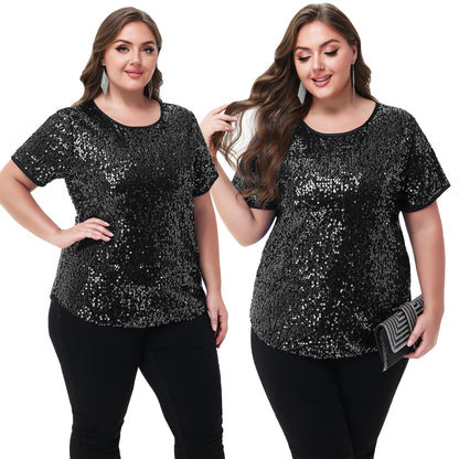 Anna-Kaci Womens Sequin Tops Plus Size Round Neck Sparkle Glitter Short Sleeve Party Tunic Blouse
