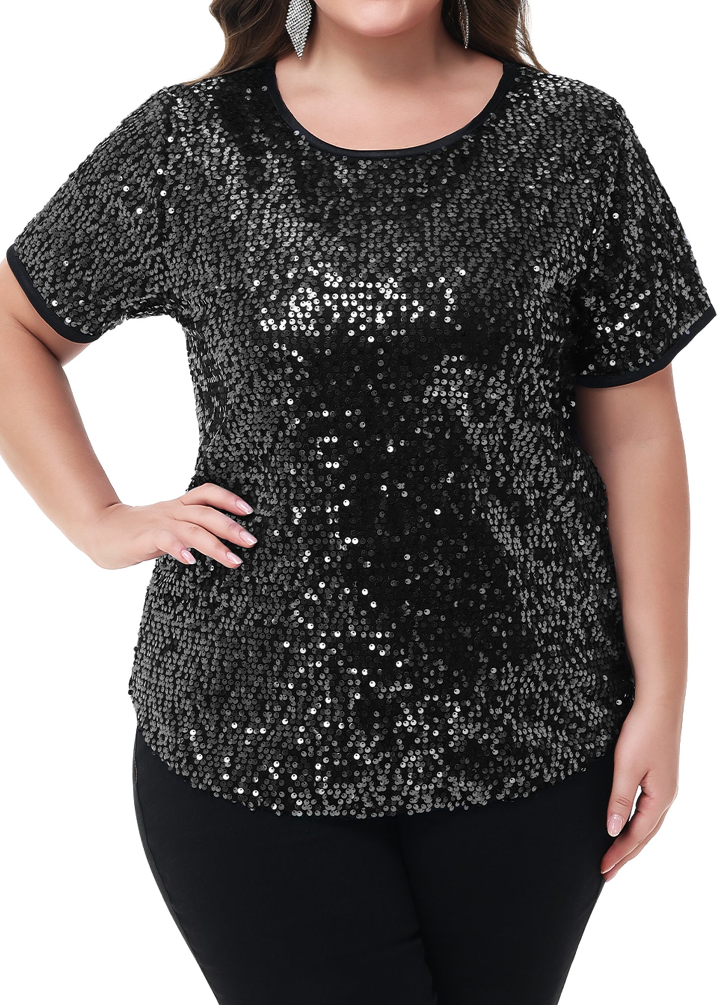 Anna-Kaci Womens Sequin Tops Plus Size Round Neck Sparkle Glitter Short Sleeve Party Tunic Blouse