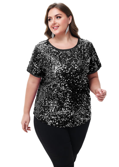 Anna-Kaci Womens Sequin Tops Plus Size Round Neck Sparkle Glitter Short Sleeve Party Tunic Blouse