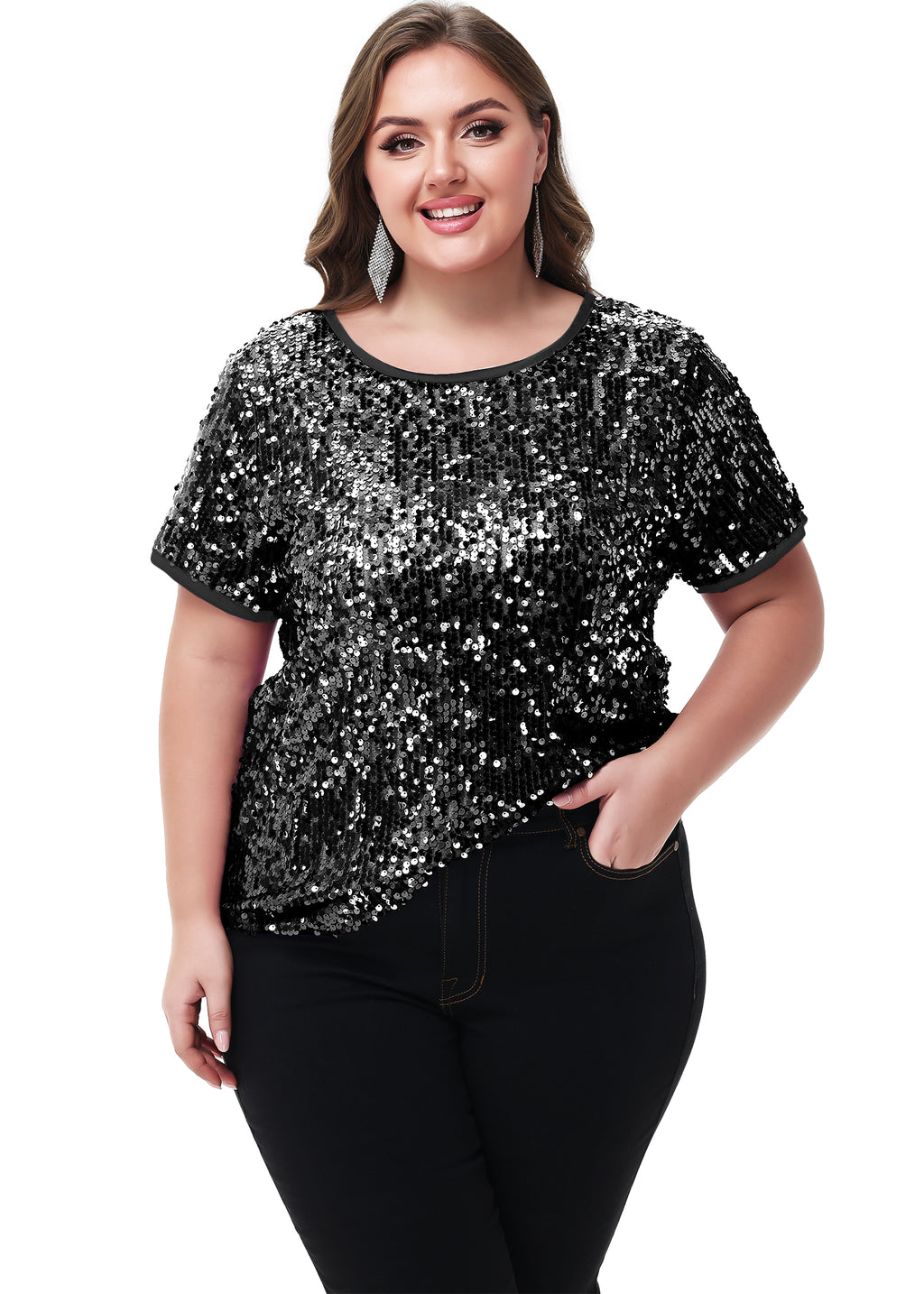Blusa tipo túnica de fiesta de manga corta con cuello redondo y brillos brillantes para mujer de Anna-Kaci