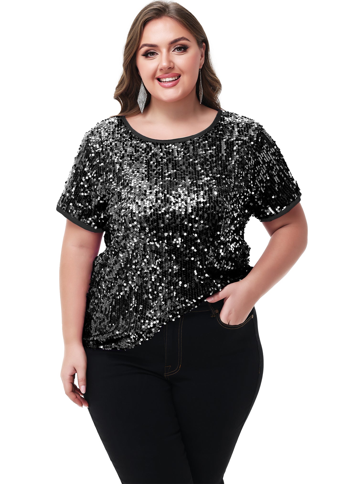 Anna-Kaci Womens Sequin Tops Plus Size Round Neck Sparkle Glitter Short Sleeve Party Tunic Blouse