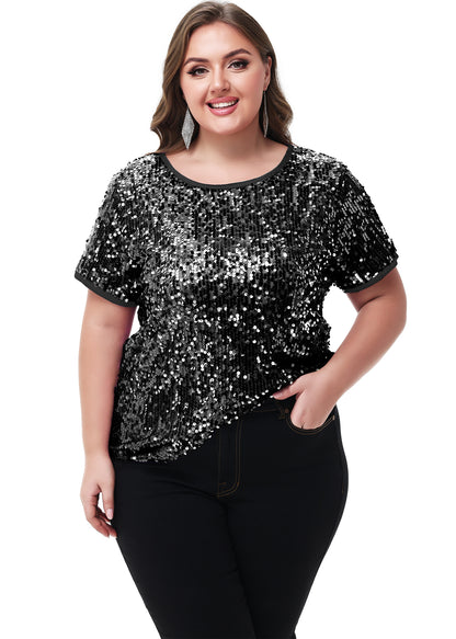 Anna-Kaci Womens Sequin Tops Plus Size Round Neck Sparkle Glitter Short Sleeve Party Tunic Blouse