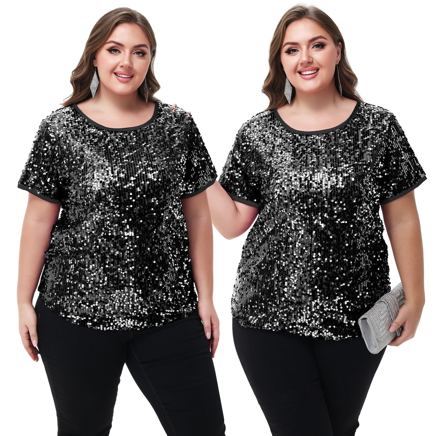 Anna-Kaci Womens Sequin Tops Plus Size Round Neck Sparkle Glitter Short Sleeve Party Tunic Blouse