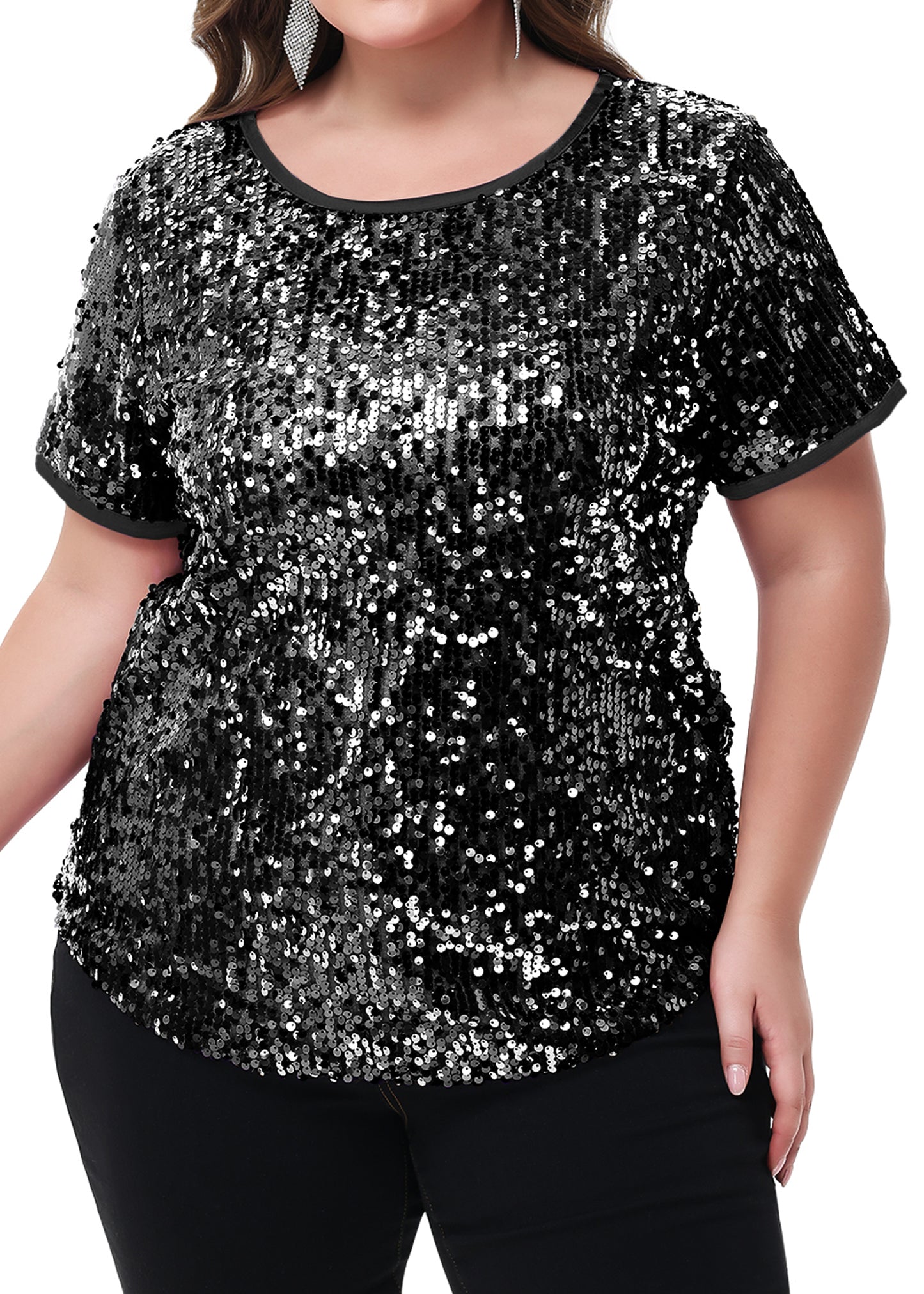Anna-Kaci Womens Sequin Tops Plus Size Round Neck Sparkle Glitter Short Sleeve Party Tunic Blouse