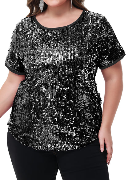 Anna-Kaci Womens Sequin Tops Plus Size Round Neck Sparkle Glitter Short Sleeve Party Tunic Blouse