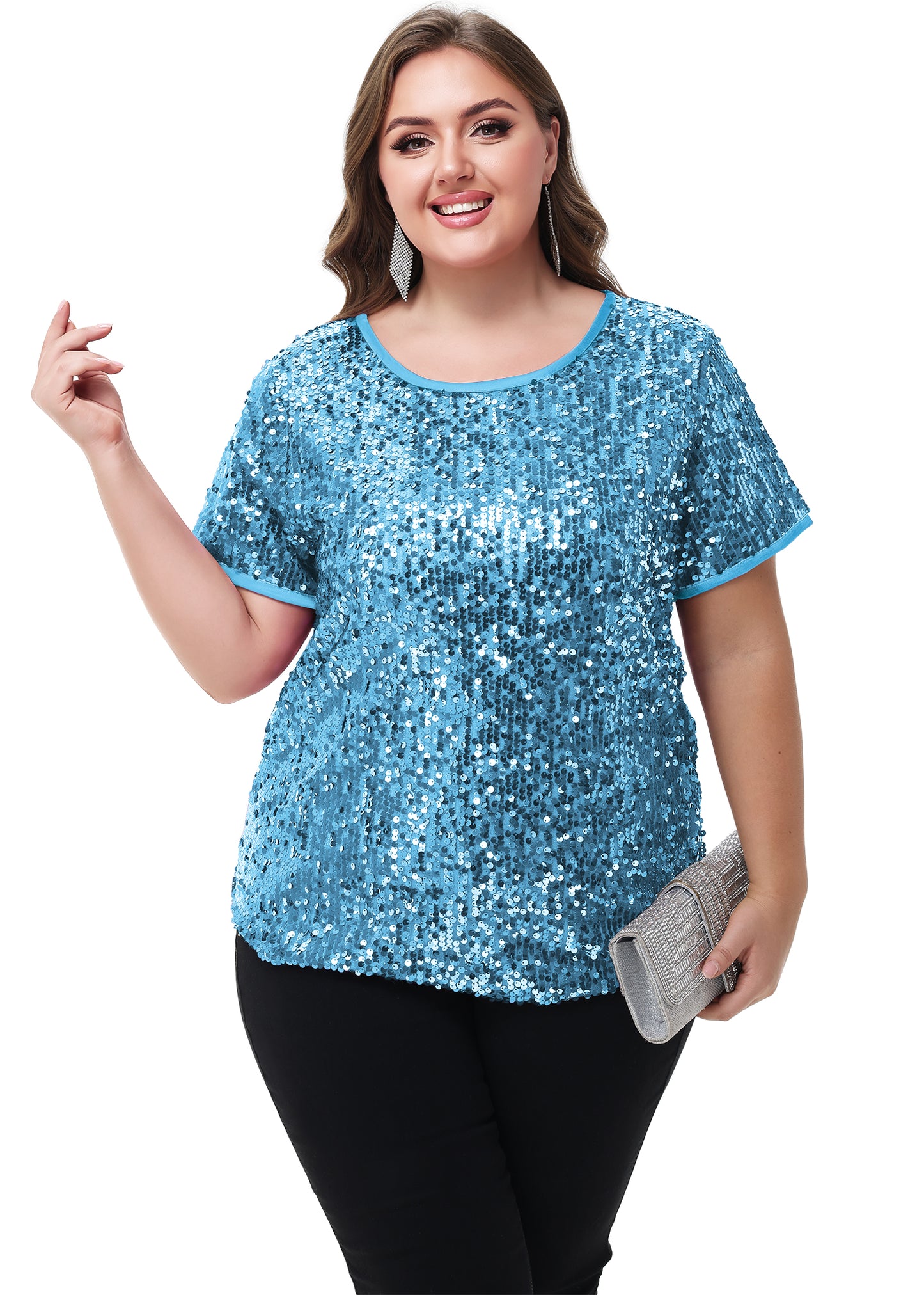 Anna-Kaci Womens Sequin Tops Plus Size Round Neck Sparkle Glitter Short Sleeve Party Tunic Blouse