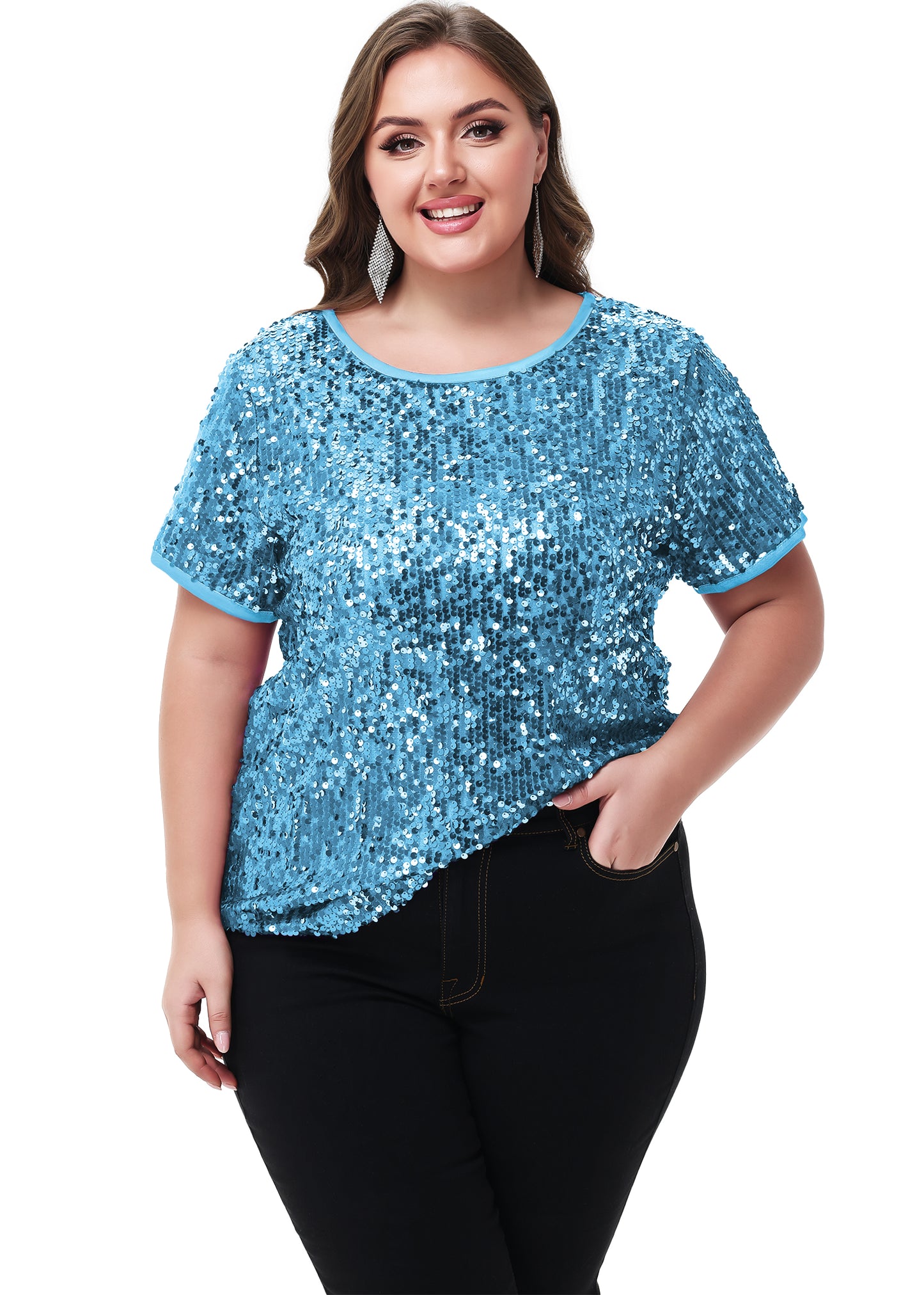 Anna-Kaci Womens Sequin Tops Plus Size Round Neck Sparkle Glitter Short Sleeve Party Tunic Blouse