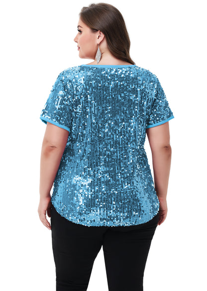 Anna-Kaci Womens Sequin Tops Plus Size Round Neck Sparkle Glitter Short Sleeve Party Tunic Blouse