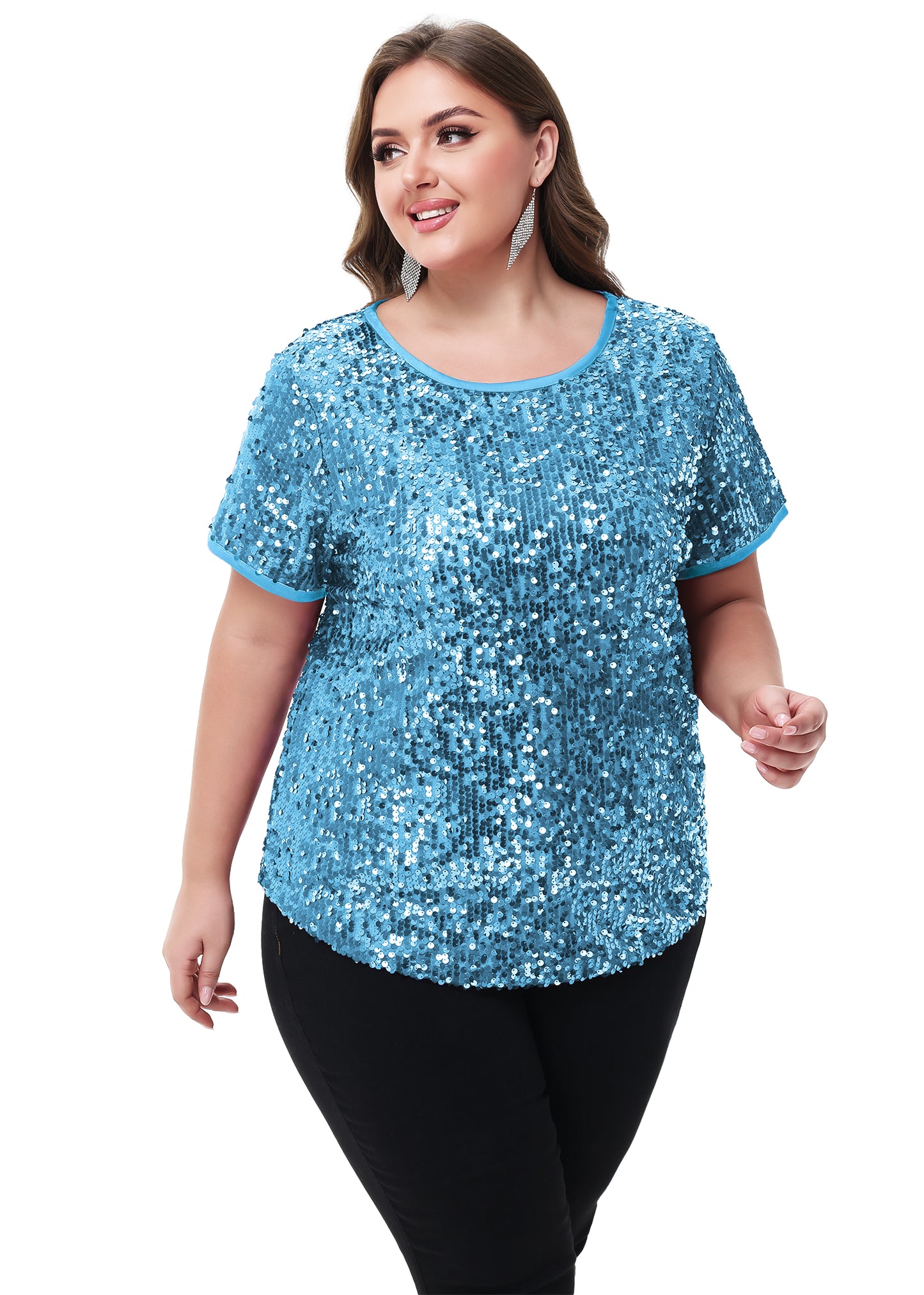 Anna-Kaci Womens Sequin Tops Plus Size Round Neck Sparkle Glitter Short Sleeve Party Tunic Blouse