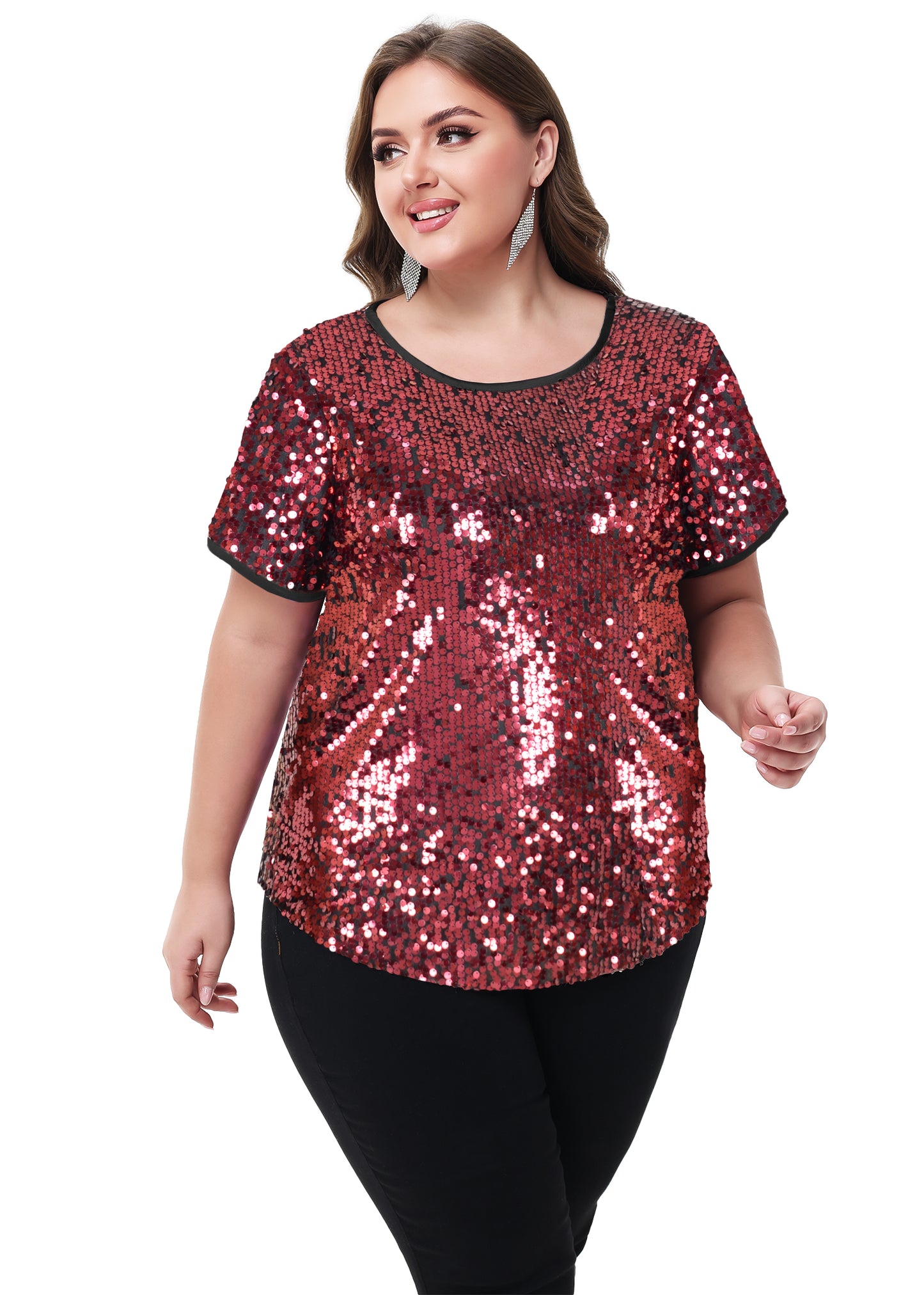 Anna-Kaci Womens Sequin Tops Plus Size Round Neck Sparkle Glitter Short Sleeve Party Tunic Blouse