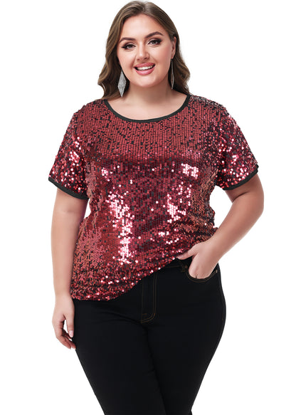 Anna-Kaci Womens Sequin Tops Plus Size Round Neck Sparkle Glitter Short Sleeve Party Tunic Blouse