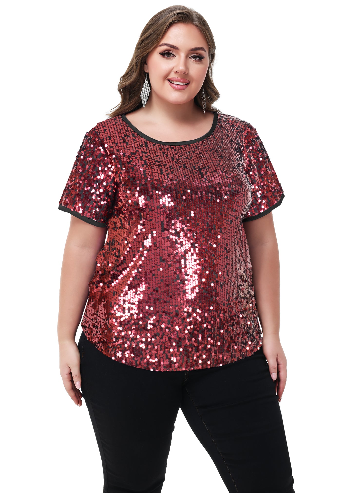 Anna-Kaci Womens Sequin Tops Plus Size Round Neck Sparkle Glitter Short Sleeve Party Tunic Blouse
