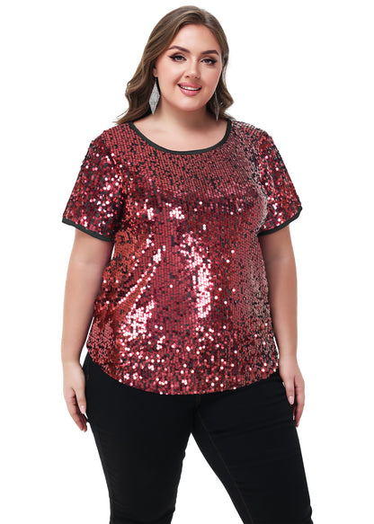 Anna-Kaci Womens Sequin Tops Plus Size Round Neck Sparkle Glitter Short Sleeve Party Tunic Blouse