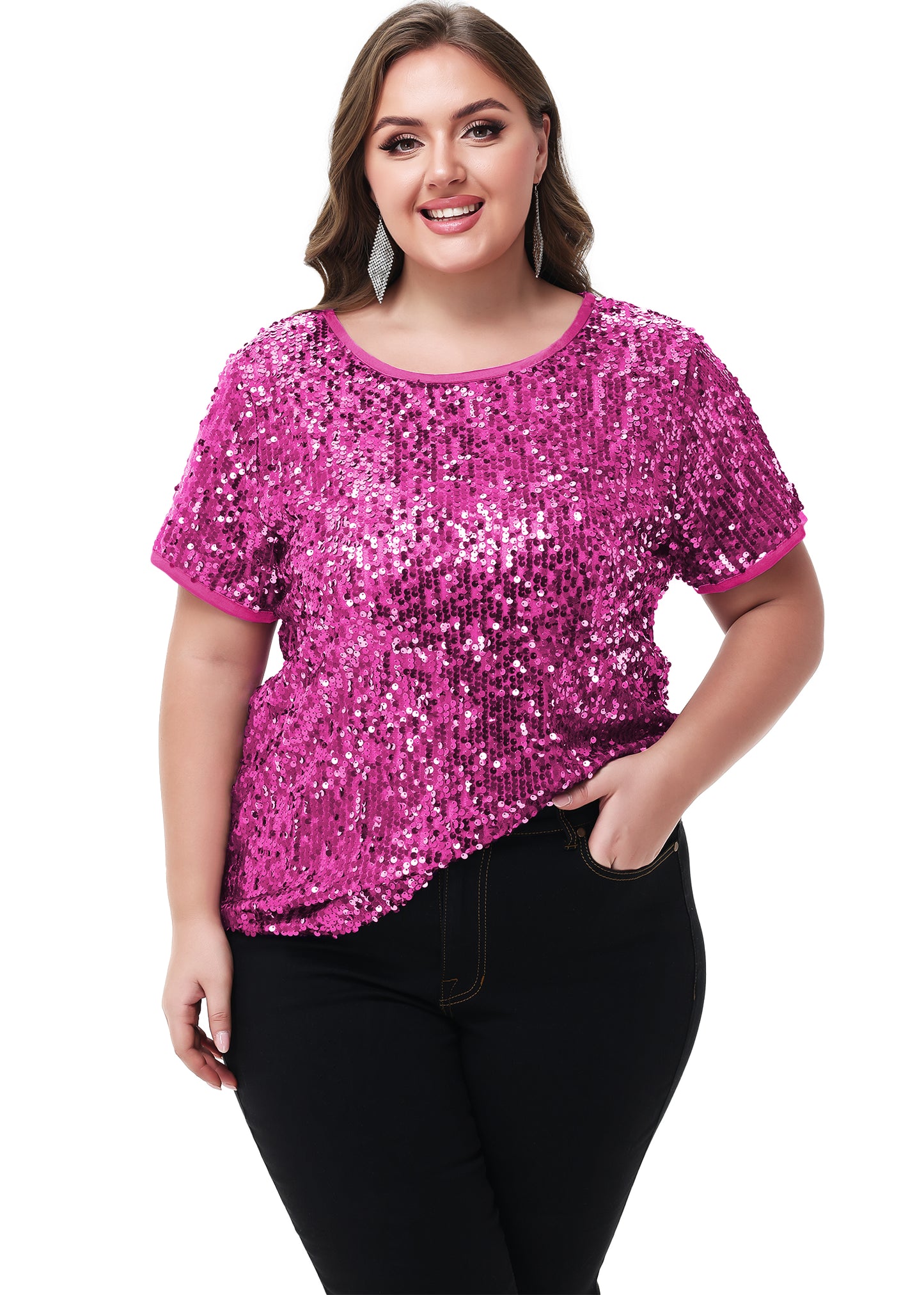 Anna-Kaci Womens Sequin Tops Plus Size Round Neck Sparkle Glitter Short Sleeve Party Tunic Blouse