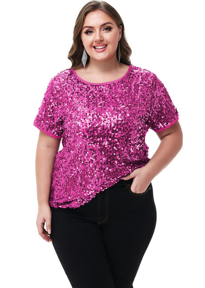 Anna-Kaci Womens Sequin Tops Plus Size Round Neck Sparkle Glitter Short Sleeve Party Tunic Blouse