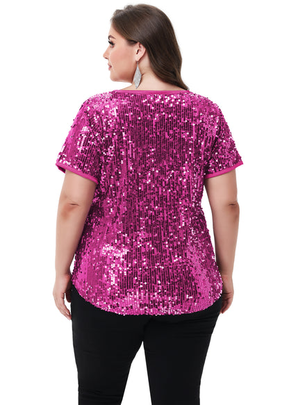 Anna-Kaci Womens Sequin Tops Plus Size Round Neck Sparkle Glitter Short Sleeve Party Tunic Blouse