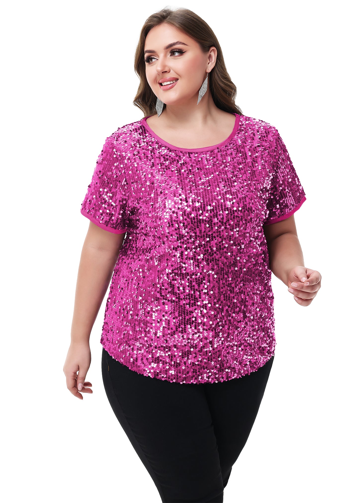 Anna-Kaci Womens Sequin Tops Plus Size Round Neck Sparkle Glitter Short Sleeve Party Tunic Blouse