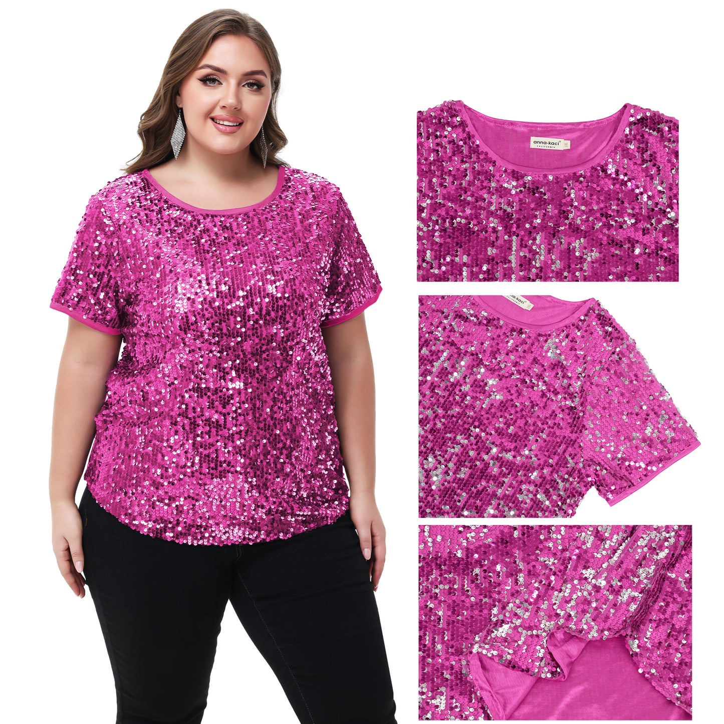 Anna-Kaci Womens Sequin Tops Plus Size Round Neck Sparkle Glitter Short Sleeve Party Tunic Blouse