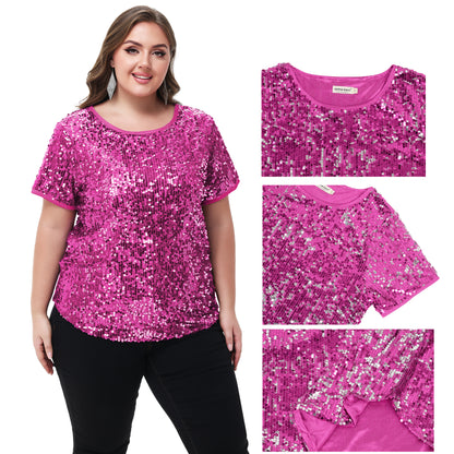 Anna-Kaci Womens Sequin Tops Plus Size Round Neck Sparkle Glitter Short Sleeve Party Tunic Blouse