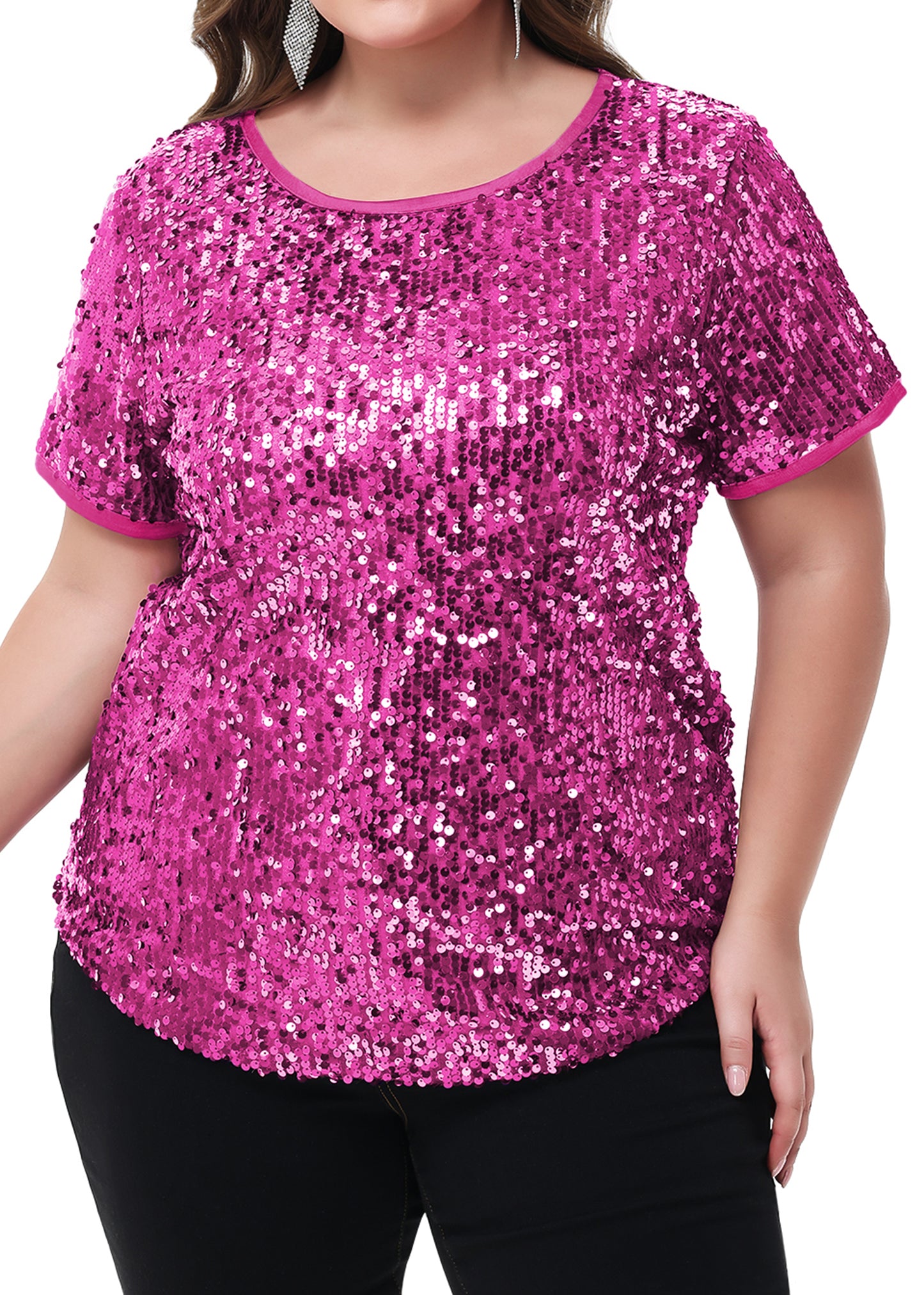 Anna-Kaci Womens Sequin Tops Plus Size Round Neck Sparkle Glitter Short Sleeve Party Tunic Blouse