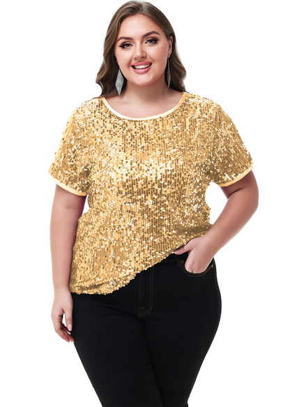 Anna-Kaci Womens Sequin Tops Plus Size Round Neck Sparkle Glitter Short Sleeve Party Tunic Blouse