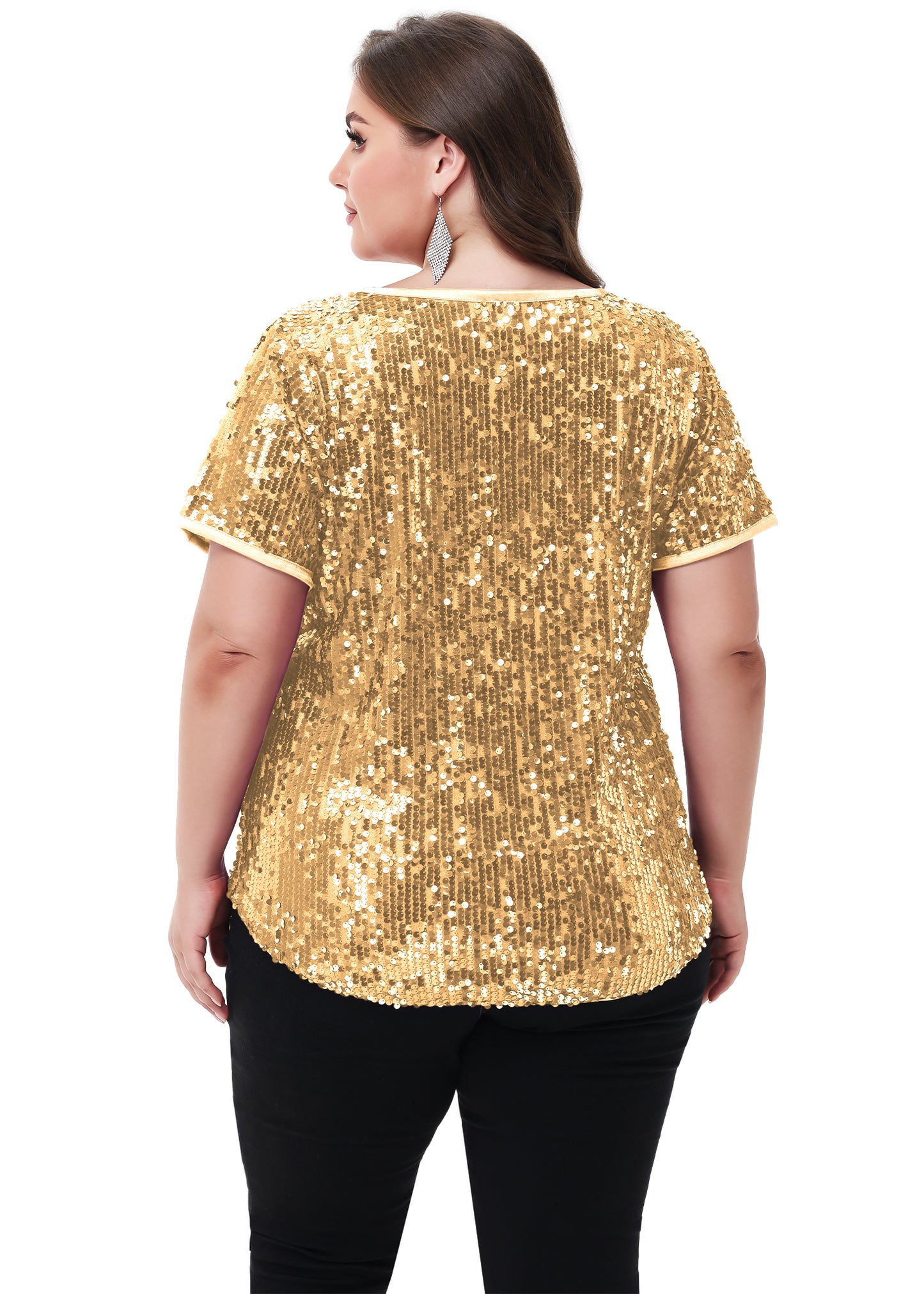 Anna-Kaci Womens Sequin Tops Plus Size Round Neck Sparkle Glitter Short Sleeve Party Tunic Blouse