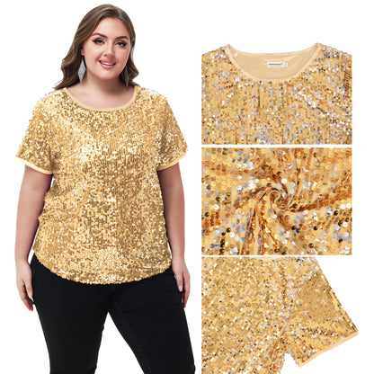 Anna-Kaci Womens Sequin Tops Plus Size Round Neck Sparkle Glitter Short Sleeve Party Tunic Blouse