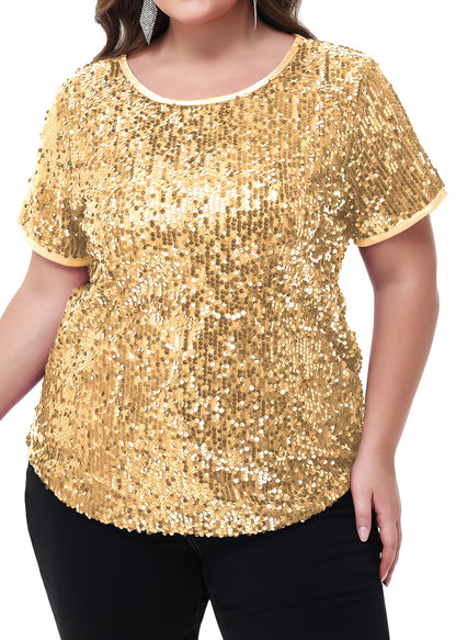 Anna-Kaci Womens Sequin Tops Plus Size Round Neck Sparkle Glitter Short Sleeve Party Tunic Blouse