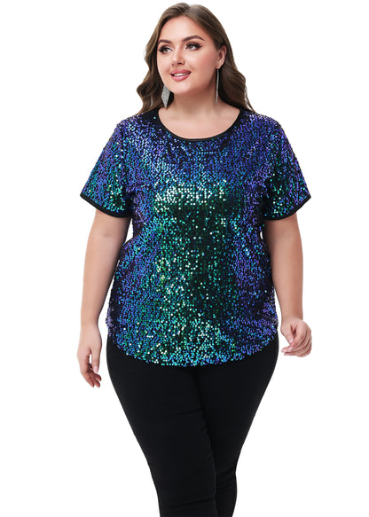 Anna-Kaci Womens Sequin Tops Plus Size Round Neck Sparkle Glitter Short Sleeve Party Tunic Blouse