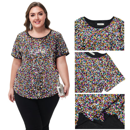 Anna-Kaci Womens Sequin Tops Plus Size Round Neck Sparkle Glitter Short Sleeve Party Tunic Blouse
